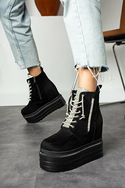 Modanizm Daichi Black Platform Heeled Stone Embroidered Suede Boots