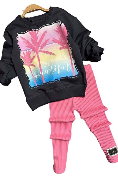 Riccotarz Girl's Palm Tree and Text Printed Sweater Ribbed Pink Tights Set