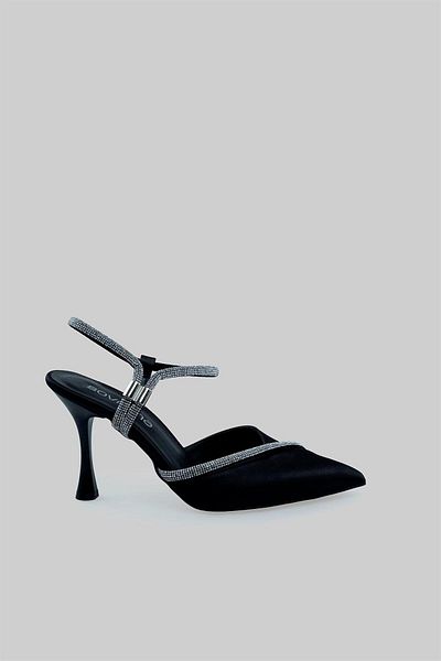 sovrana Stone Detailed Heeled Shoes Black Satin