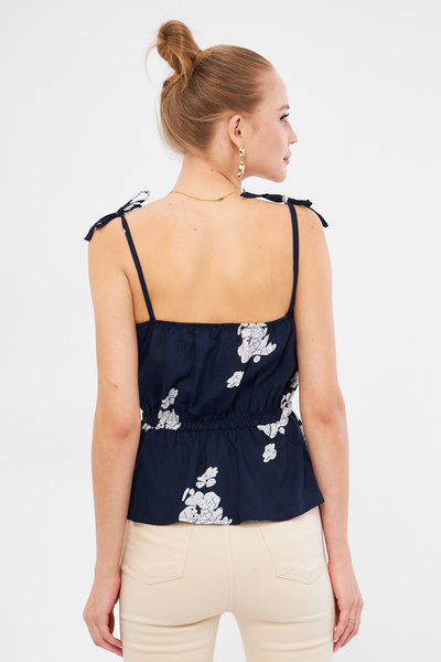 armonika Navy Blue Patterned - Strapless Crop Blouse with Elastic Waist, Tie Detail Arm-24Y 001116