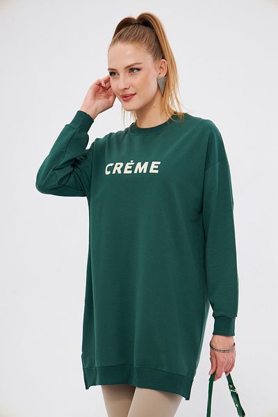 armonika Women's Dark Green Crew Neck Written Tunic Sweatshirt Arm-25K 001029