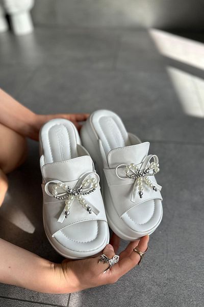 Modanizm White Wedge Heeled Rosie Slippers