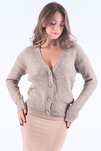 Seeh Cardigan de damă moale cu decolteu în V de culoarea nurcii - Pulover cu ...