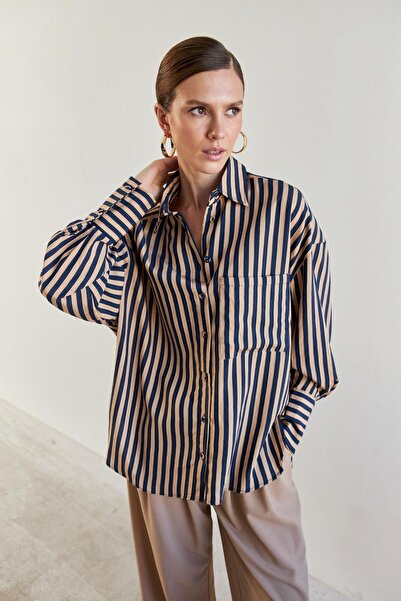 YOUR NAME Oversize Navy Blue Camel Striped Women's Shirt