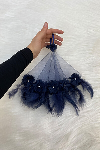 ZEYMERADE Lacivert Gelin Damat Halay Mendili, Üç Boyutlu Çiçek Ve Tüy Süsleme...