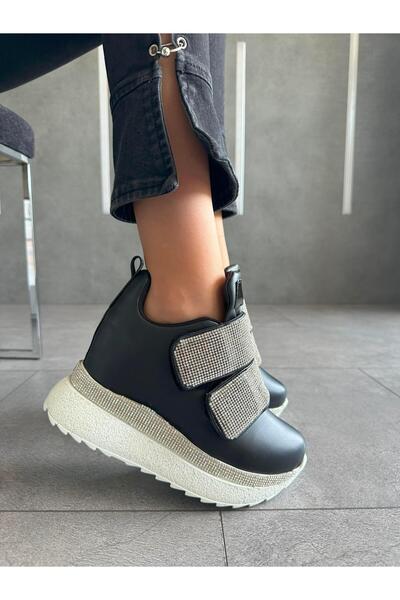 Modanizm Wendy Hidden Heeled Black Leather Sports Shoes