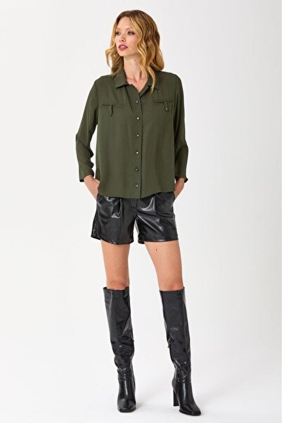 İKİLER Önü Düğmeli Cepli Uzun Kol Gömlek 245-3003