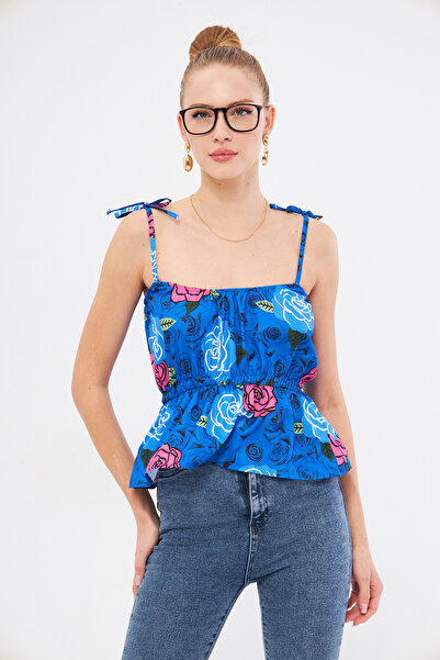 armonika Saks Patterned Strapless Crop Blouse - with Elastic Waist and Tie Detail Arm-24Y 001116