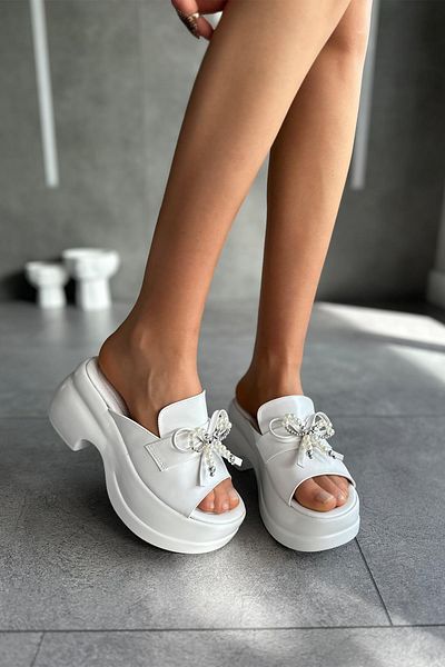 Modanizm White Wedge Heeled Rosie Slippers