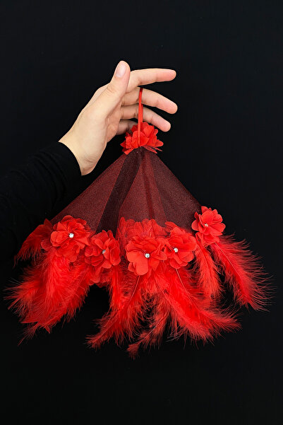 ZEYMERADE Kırmızı Gelin Damat Halay Mendili, Üç Boyutlu Çiçek Ve Tüy Süslemel...