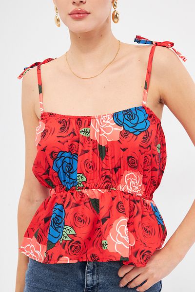 armonika Red Patterned Women's Crop Blouse - Strapless with Rubber Waist and Tie Detail Arm-24Y 001116