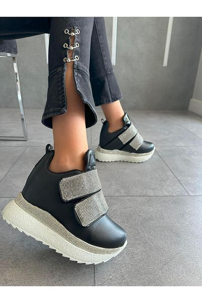 Modanizm Wendy Hidden Heeled Black Leather Sports Shoes