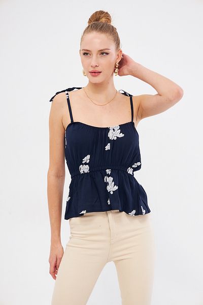 armonika Μπλε Navy Print - Στράπλες Crop Μπλούζα με ελαστική μέση με λεπτομέρεια γραβάτας ARM-24Y 001116