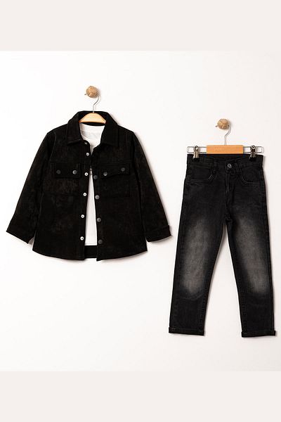 Minik Dolap Children's Suede Shirt Jeans Set - 3 Pieces