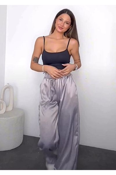 Ecenin Favorileri Pantaloni Palazzo din satin gri liliac cu talie elastică