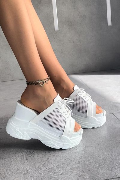 Modanizm Ivan White Heeled Women's Slippers