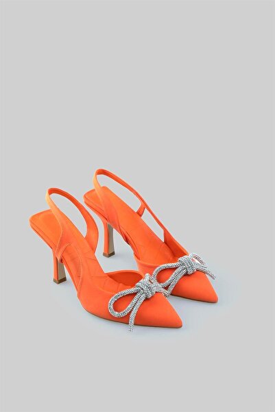 sovrana Ribbon Detailed Heeled Shoes Orange Matte Satin