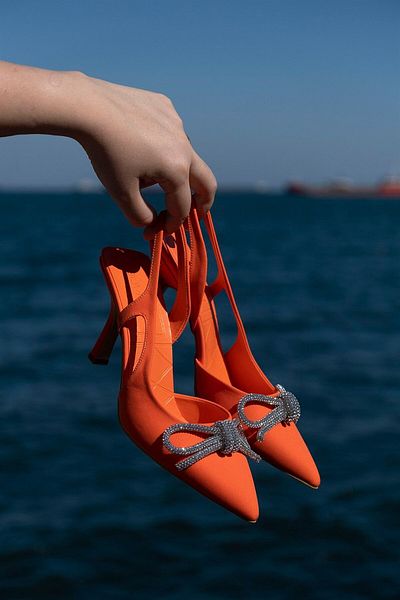 sovrana Ribbon Detailed Heeled Shoes Orange Matte Satin