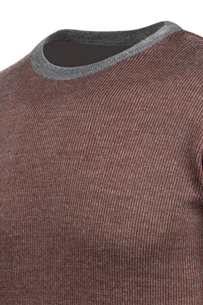 Çizgi Triko Чоловічий трикотажний светр у смужку - комір-стійка, рукави та пояс з візерунком, класичний крій, сталеве плетіння - 5015C