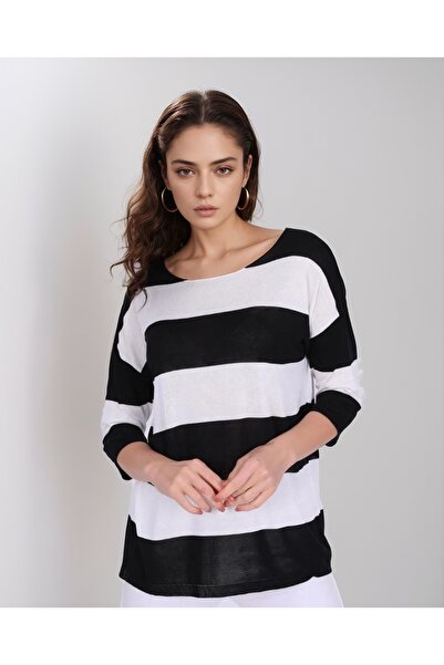 T Guel Women's Cotton Black-white Striped Poor Sleeve Thin Sweater