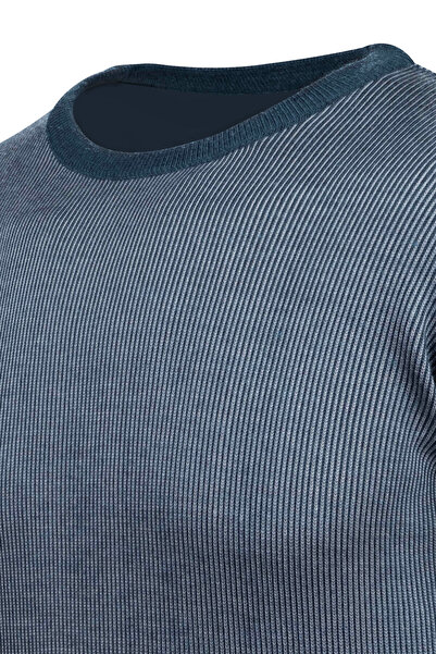 Çizgi Triko Чоловічий трикотажний светр у смужку - комір-стійка, рукави та пояс з візерунком, класичний крій, сталеве плетіння - 5015C