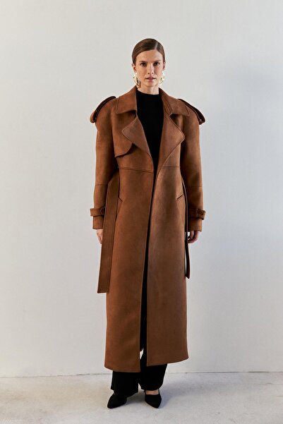 YOUR NAME Premium Vatka Detaylı Nubuk Taba Kadın Trençkot