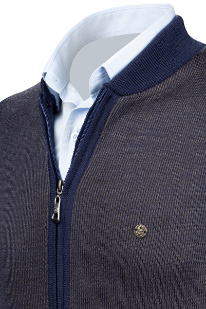Çizgi Triko Чоловічий трикотажний жилет синього кольору на блискавці з кишенями, класичний крій - 5015J