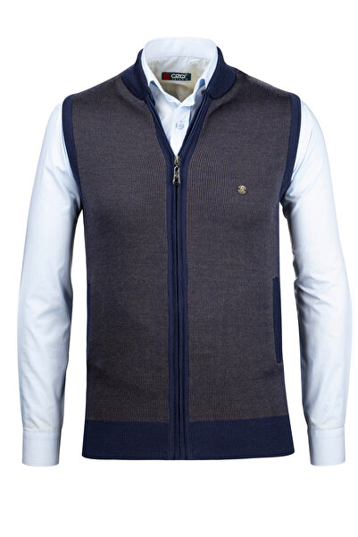Çizgi Triko Чоловічий трикотажний жилет синього кольору на блискавці з кишенями, класичний крій - 5015J