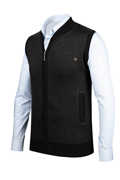 Çizgi Triko Stripe Knitwear Men's Knitwear Vest with Zipper Pocket Steel Knitwear Classic Fit - 5015J
