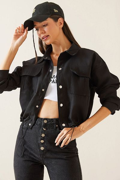 XHAN Black Double Pocket Snap Crop Jacket 5Kxk4-48965-02