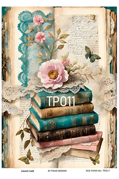 LİNEART Vintage yazı, kitaplar,çiçek deseni TPO Serisi Pirinc Dekopaj Kagıdı ...