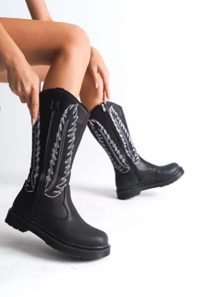 Bak Store Dar Kalip Black Leather Skin White Embroidered Zippered Western Cowboy Women's Boots with Stitched Soles