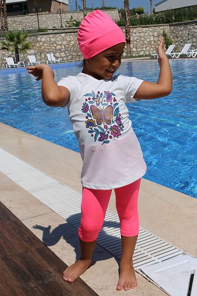 Eslina 1709-1 Costum de baie pentru copii cu mânecă scurtă imprimat pentru piscină-alb-roz