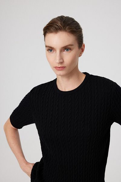 Mısırlı Pulover de damă cu jumătate de mânecă cu model tricotat negru