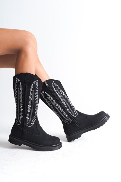 Bak Store Dar Kalip Black Matte White Embroidered Zippered Western Cowboy Women's Boots with Stitched Soles