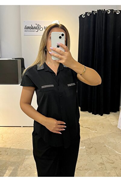 ŞEYMA KANDEMİR Yakası Ve Cebi Taşlı Keten Gömlek