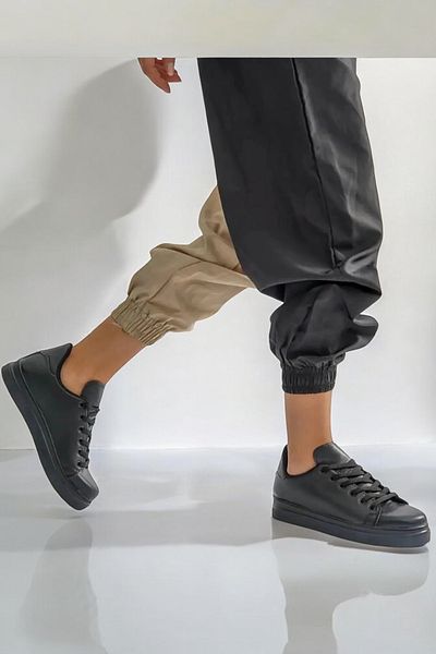 Waresta Black Soft Daily Full Mold Faux Leather Women's Shoes Tied Lightweight Walking Sneakers Sports Shoes