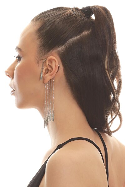 LABALABA Kadın Gümüş Renk Lak Kaplama Sallantılı Yaprak Charm Earcuff&Kıkırdak Küpe