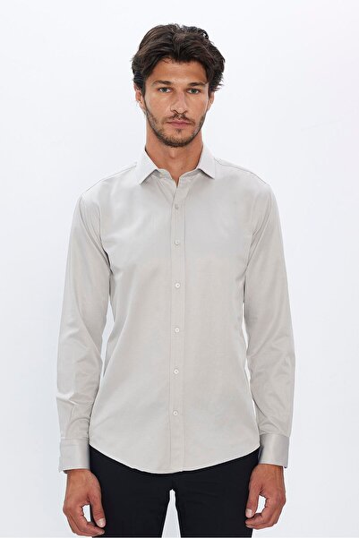 Tudors Erkek Modern Fit Dar Kesim Pamuklu Düz Saten Gri Gömlek
