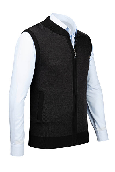 Çizgi Triko Stripe Knitwear Men's Knitwear Vest with Zipper Pocket Steel Knitwear Classic Fit - 5015J