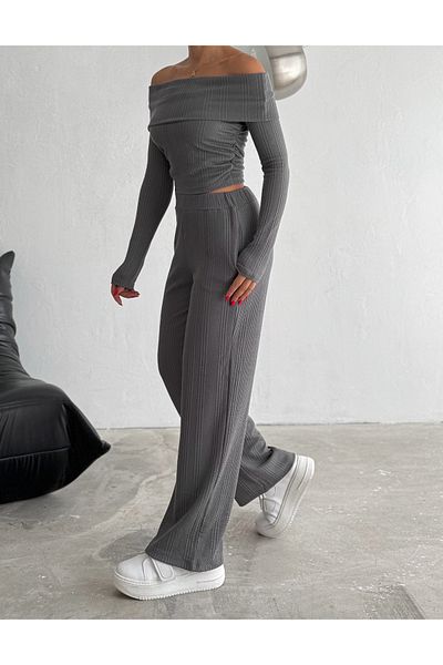 alenmoda Madonna Collar Knitted Bottom Top Pants Set