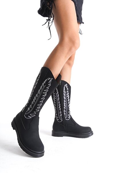 Bak Store Dar Kalip Black Matte White Embroidered Zippered Western Cowboy Women's Boots with Stitched Soles