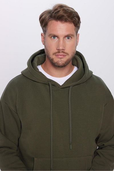 Tudors Unisex Oversize Wide Cut βαμβακερή μαλακή υφή Basic φούτερ με πράσινη κουκούλα με φλις εσωτερικά