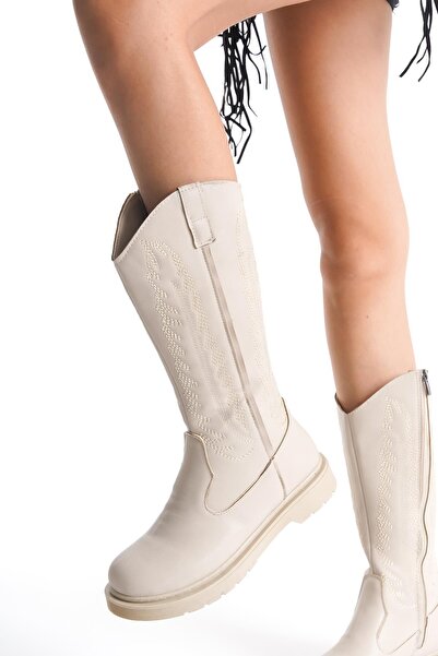 Bak Store Dar Kalip Beige Leather Embroidered Zippered Western Cowboy Women's Boots with Stitched Soles