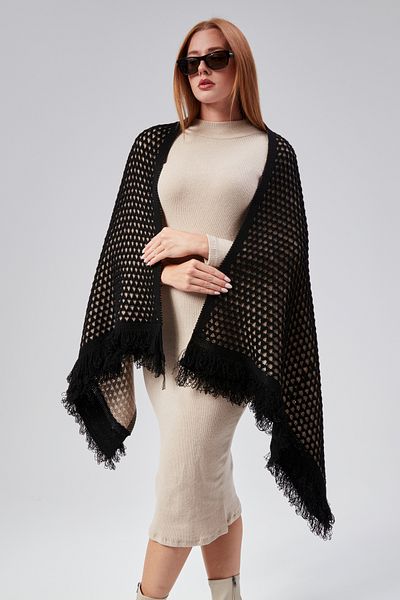 panşalço Honeycomb Pattern Tassel Shoulder Wrap, Black-Brown, Knitwear Shawl, Knitwear Shoulder Wrap, Shawl, Women, Teen, Mommy Shawl