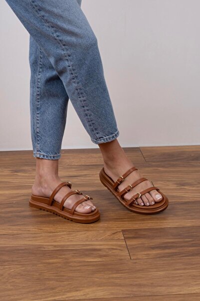 sovrana Tan Slippers - Three Belt Detail