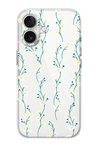 shoptocase iPhone 16  Uyumlu Papatya Sarmaşığı Desenli Şeffaf Silikon Telefon...