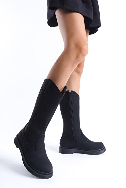 Bak Store Dar Kalip Black Matte Black Embroidered Zippered Western Cowboy Women's Boots with Stitched Soles