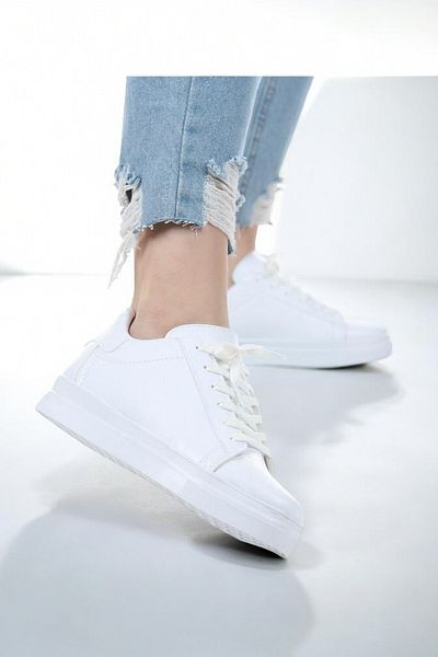 Waresta Black Soft Daily Full Mold Faux Leather Women's Shoes Tied Lightweight Walking Sneakers Sports Shoes