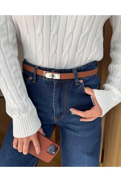 Tina İstanbul Silver Lock Buckle Stitched Belt 2cm Tan